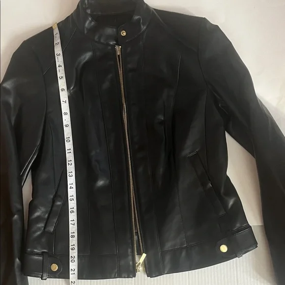 Cole Haan Black Leather Feel Biker Jacket with Gold Accents Zipper - Picture 10 of 13